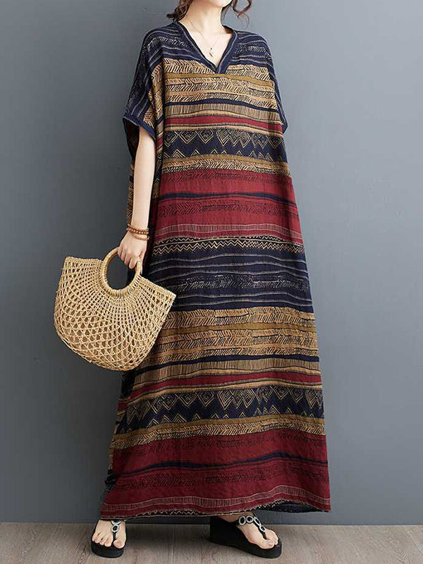 Split-Joint Striped A-Line Batwing Sleeves V-Neck Maxi Dresses