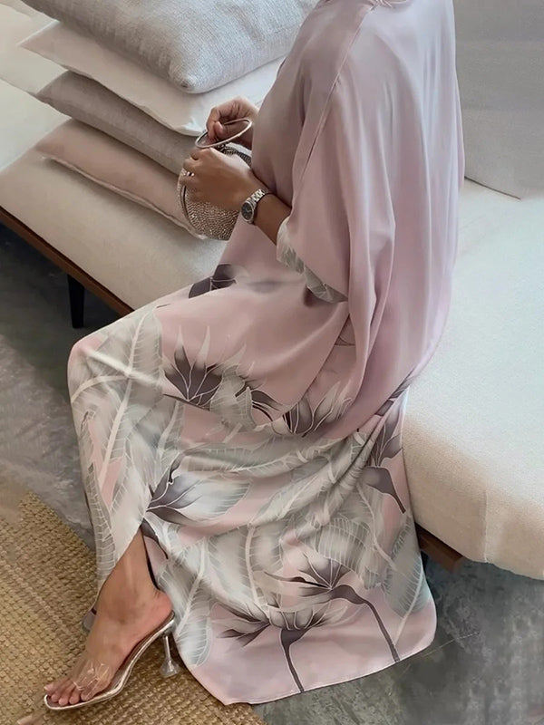 Long Sleeves Buttoned Contrast Color Flower&Leaves Print Muslim V-Neck Maxi Dress