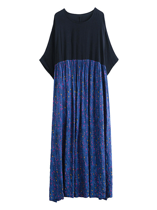 Artistic Retro Loose Half Sleeves Floral Printed Contrast Color Pleated Split-Joint Midi Dresses