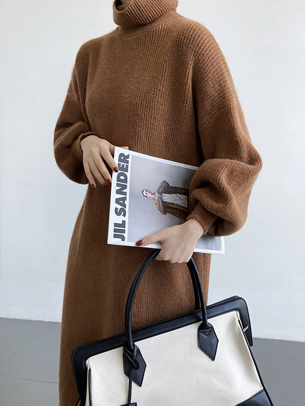 Urban Loose Puff Sleeves Solid Color High-Neck Sweater Dresses