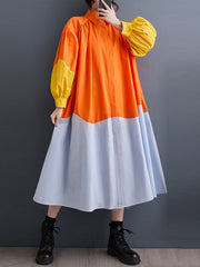 Contrast Color Pleated Split-Joint Loose Puff Sleeves Lapel Shirt Dress Midi Dresses
