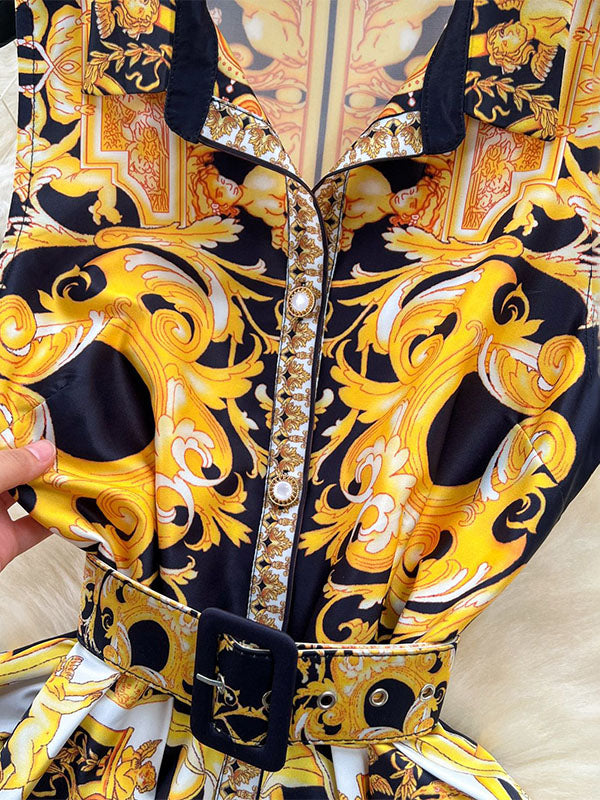 Belt Buckle Buttoned Contrast Color Floral Printed Sleeveless Midi Dresses