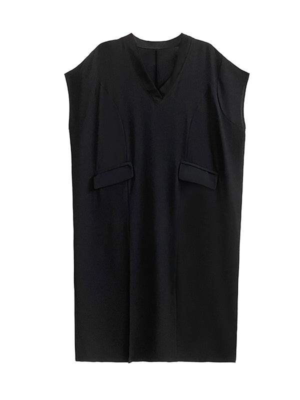 Asymmetric Solid Color Split-Joint Split-Side Loose Short Sleeves V-Neck Midi Dresses