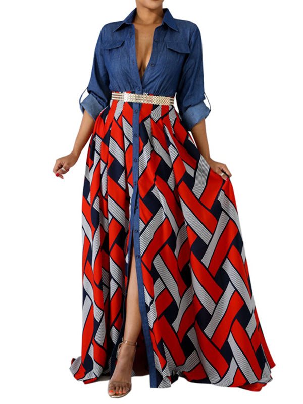 Buttoned Elasticity Printed Split-Joint Long Sleeves Loose Lapel Maxi Dresses