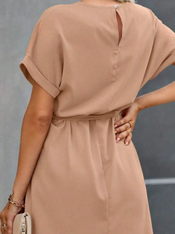 Solid Color Tied Waist Loose Short Sleeves Round-Neck Mini Dresses