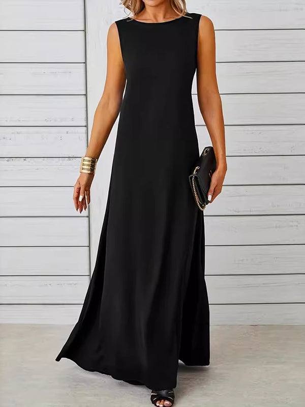 Solid Color A-Line Loose Round-Neck Maxi Dresses