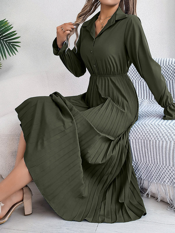 Buttoned Elasticity Pleated Solid Color A-Line Flared Sleeves Lapel Maxi Dresses