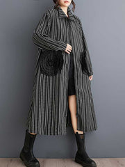 Elasticity Pockets Striped Zipper A-Line Long Sleeves Lapel Midi Dresses
