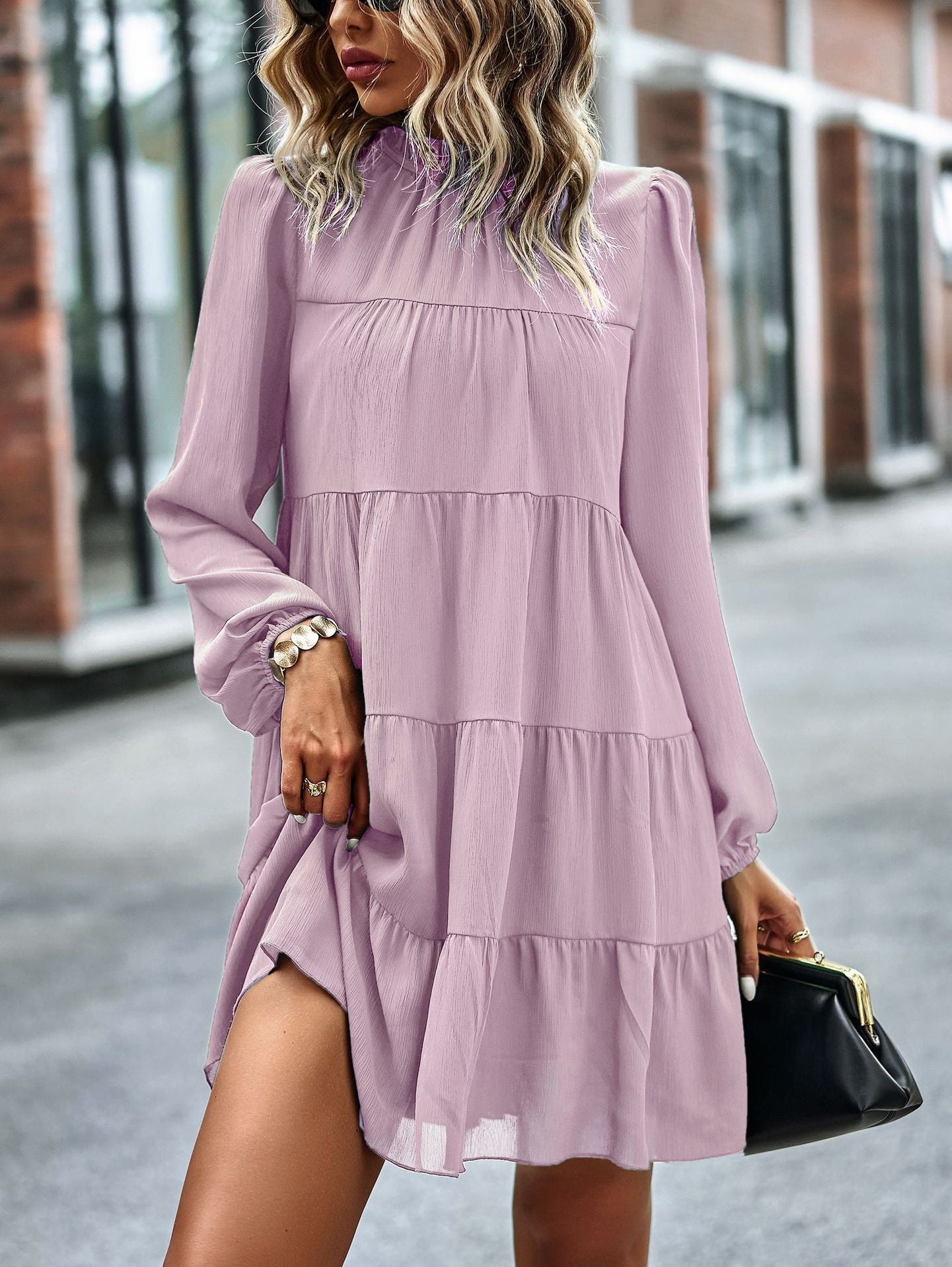 Elasticity Pleated Solid Color Split-Joint Tied A-Line Bishop Sleeve Mock Neck Mini Dresses
