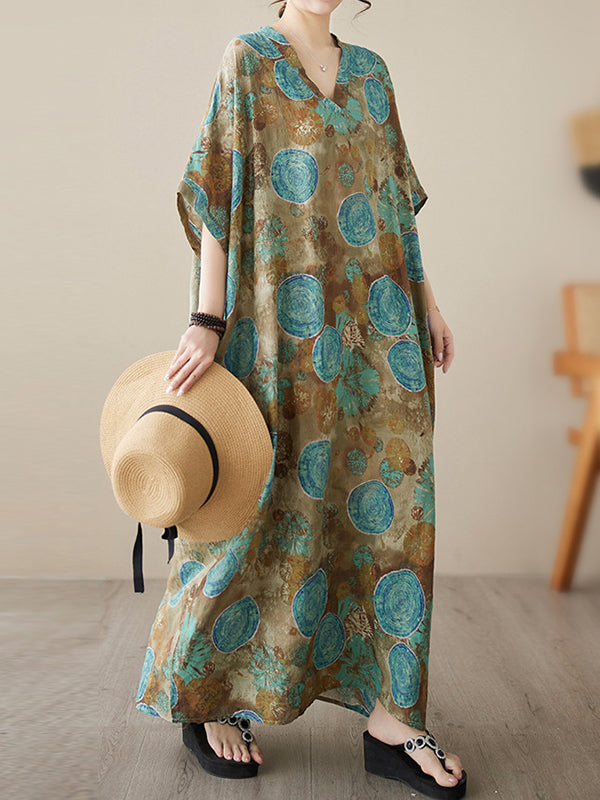 Printed Loose Short Sleeves V-Neck Maxi Dresses