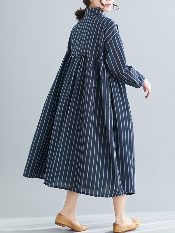 Simple Striped Buttoned Lapel Long Sleeves Shirt Dress