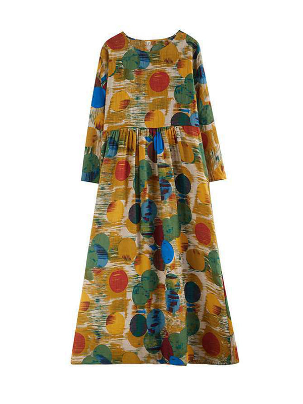 Pleated Polka-Dot Split-Joint A-Line Long Sleeves Round-Neck Maxi Dresses