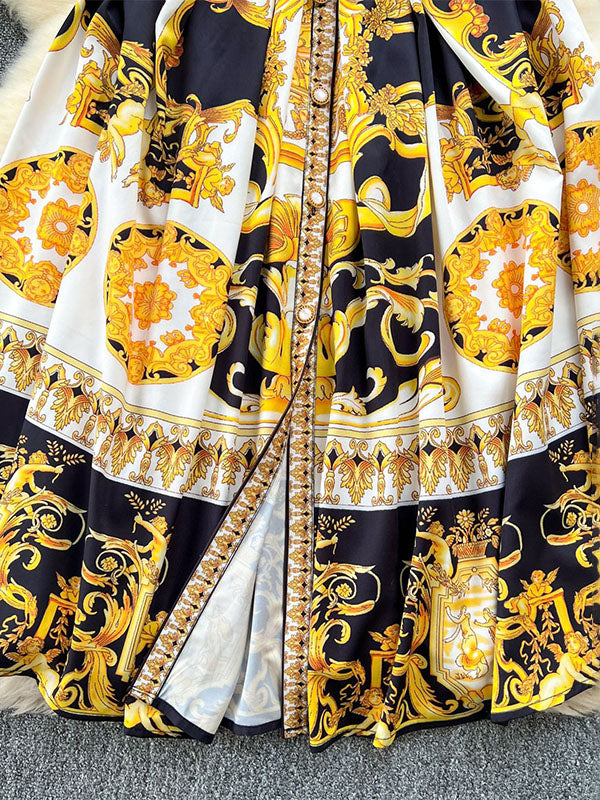 Belt Buckle Buttoned Contrast Color Floral Printed Sleeveless Midi Dresses