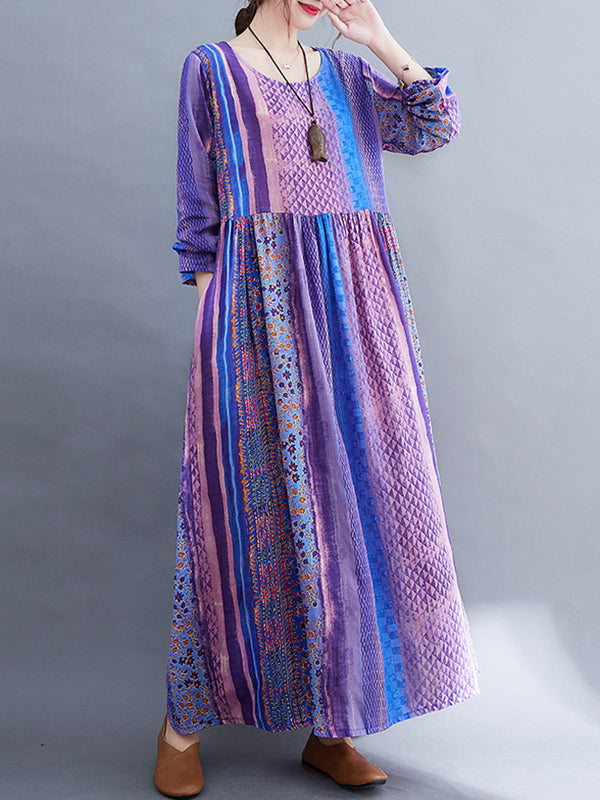 Vacation Long Sleeves Loose Contrast Color Striped Split-Joint Round-Neck Midi Dresses