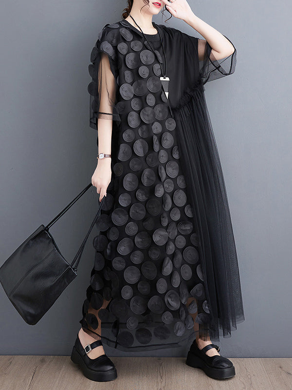 Asymmetric Gauze Split-Joint Loose Short Sleeves Round-Neck Midi Dresses