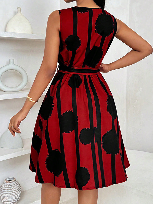 Contrast Color Tied Waist A-Line Loose Round-Neck Mini Dresses