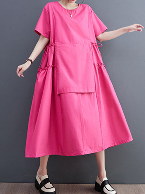 Solid Color Split-Joint Loose Short Sleeves Round-neck Midi Dresses