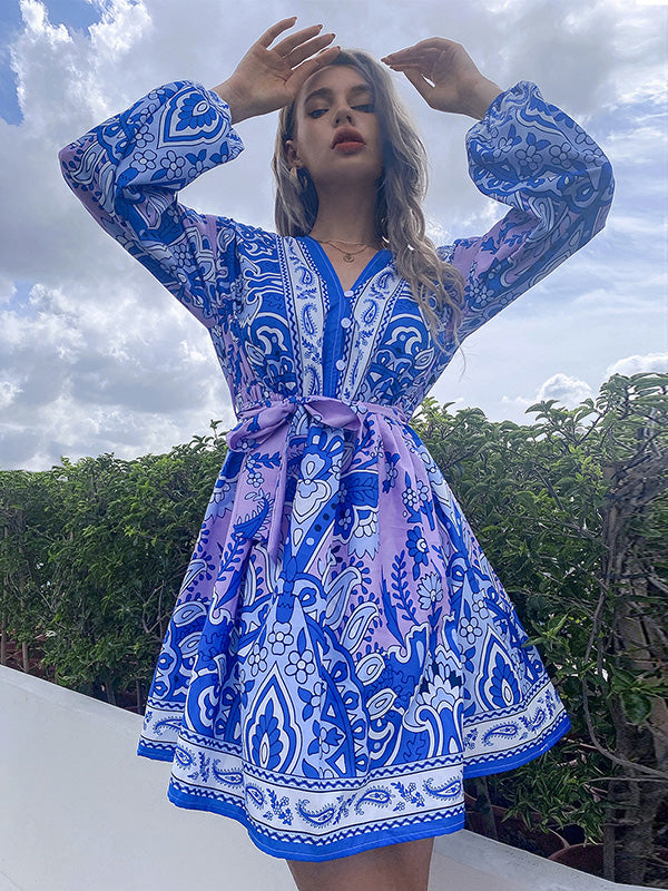 Bohemia A-Line Floral Printed V-Neck Dress