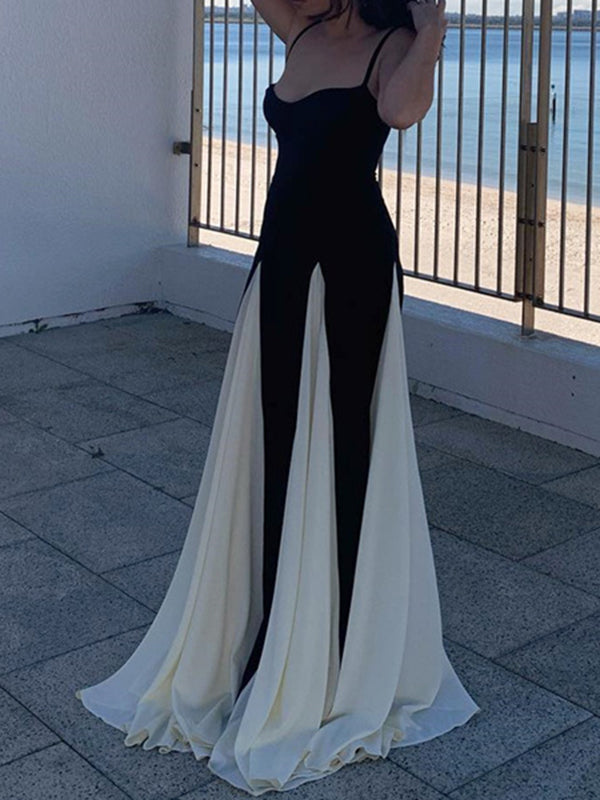 Backless Contrast Color Pleated Split-Joint High Waisted Sleeveless Spaghetti-Neck Maxi Dresses