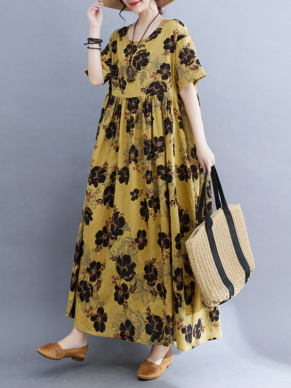 Pleated Printed Split-Joint Loose Short Sleeves Round-Neck Midi Dresses
