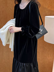 Contrast Color Pleated Ruffled Split-Joint Velvet Flared Sleeves Long Sleeves Round-Neck Midi Dresses