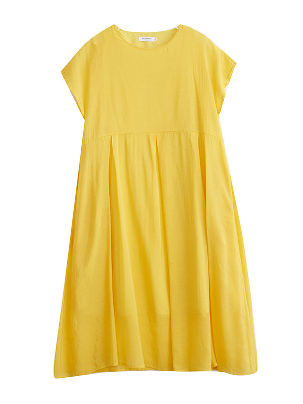 Solid Color Split-Joint Loose Short Sleeves Round-neck Midi Dresses