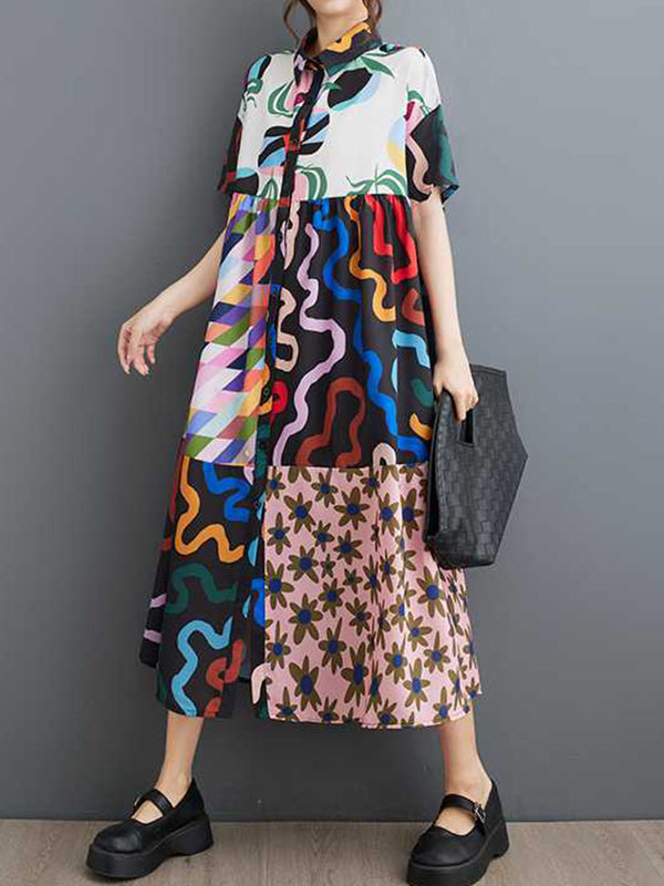 Buttoned Printed Split-Joint A-line Loose Lapel Shirt Dress Midi Dresses