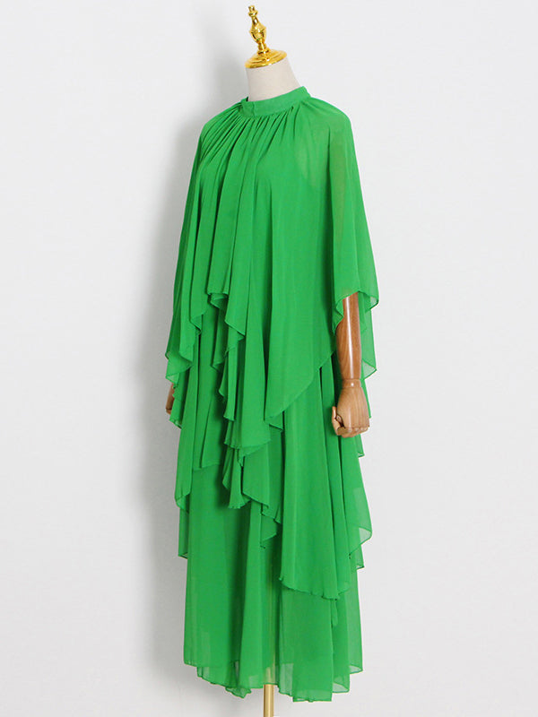Solid Color Tiered Loose Raglan Sleeve Stand Collar Maxi Dresses