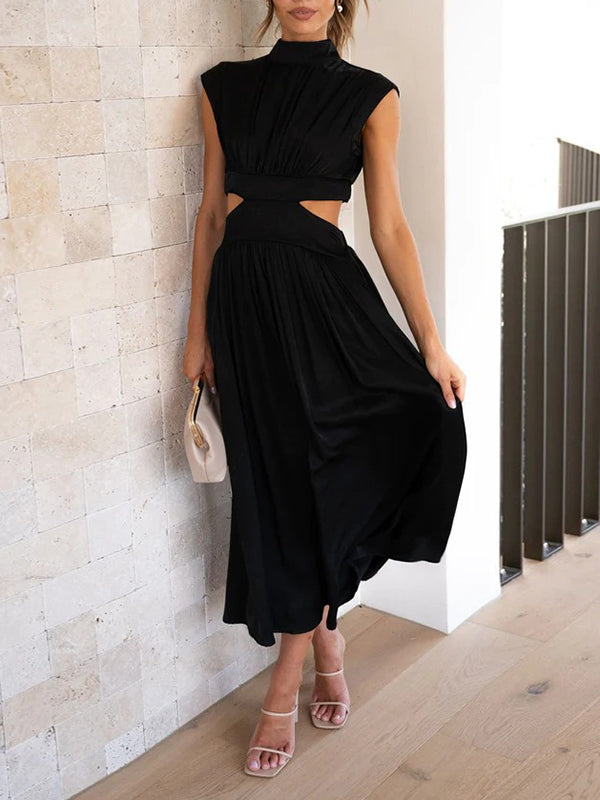 Belly-Hollow Pleated Solid Color Cap Sleeve Stand Collar Maxi Dresses
