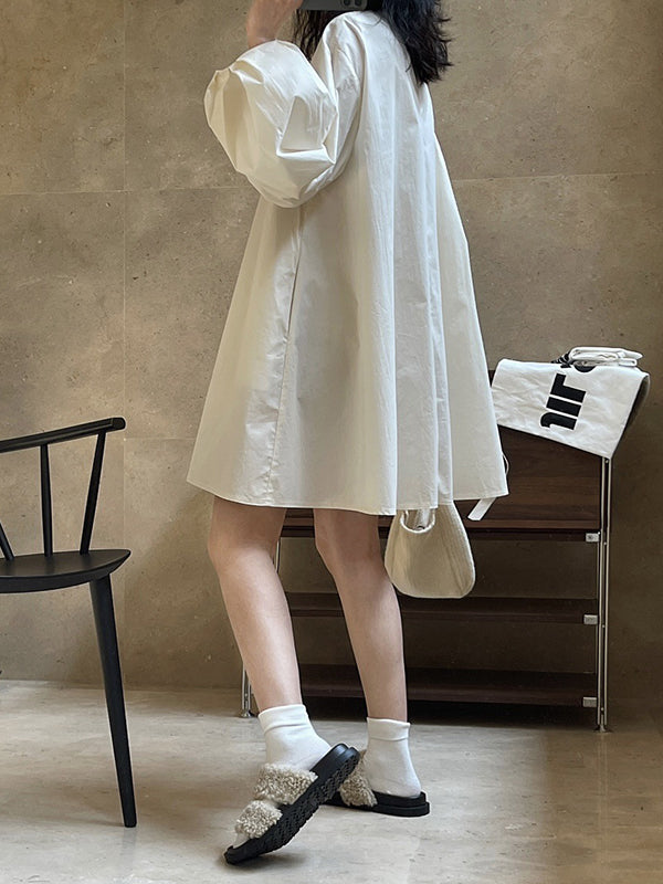 Urban Puff Sleeves Solid Color Round-Neck Mini Dress