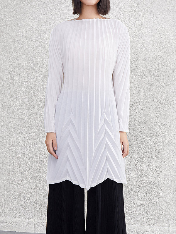 Pleated Solid Color A-Line Long Sleeves Round-Neck Mini Dresses