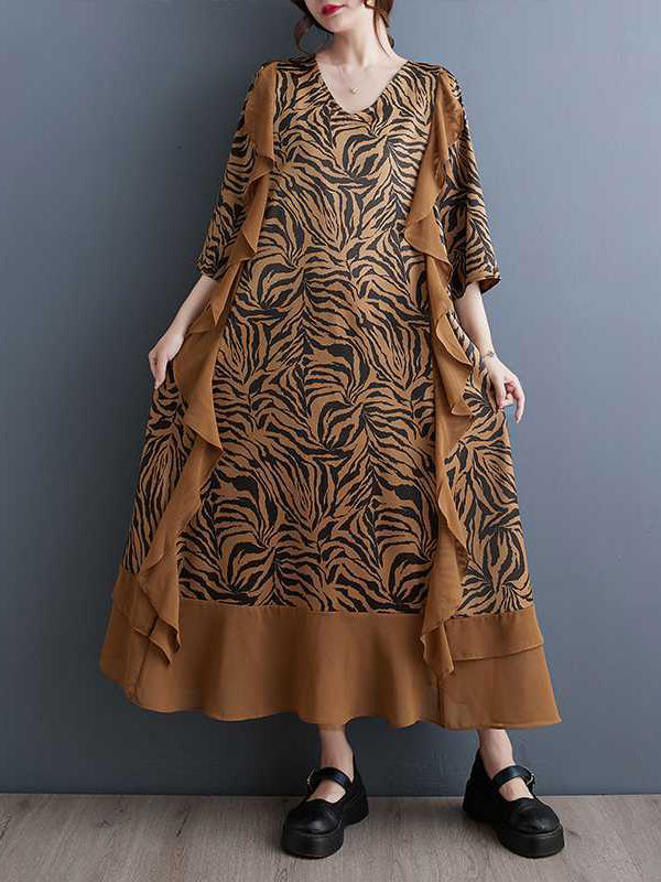 Ruffled Split-Joint Zebra-Stripe A-Line Batwing Sleeves V-Neck Midi Dresses