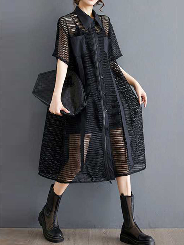 Hollow Solid Color Split-Joint Zipper Half Sleeves Loose Lapel Shirt Dress Midi Dresses