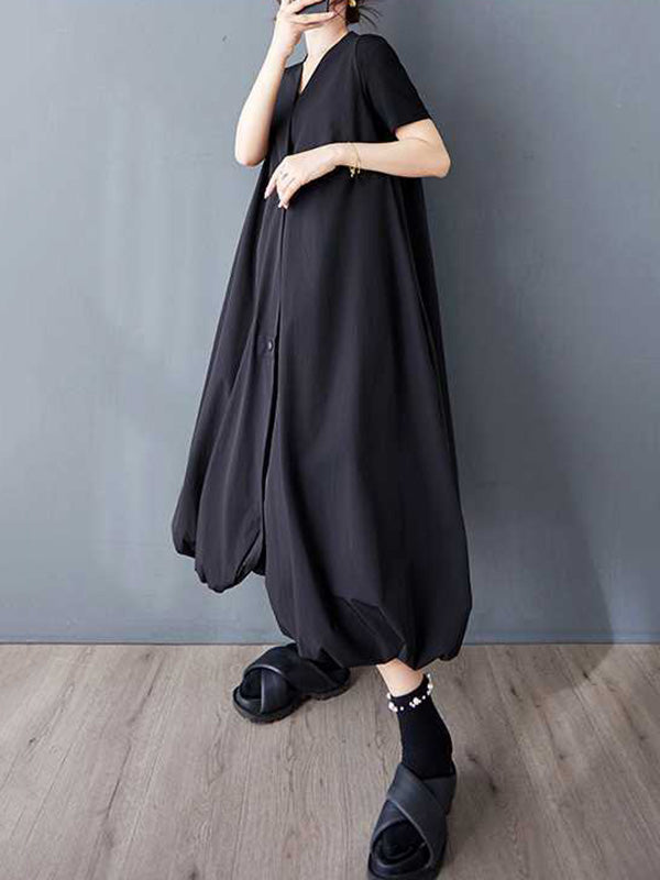 Buttoned Pleated Pockets Solid Color A-Line Loose V-Neck Vest Outerwear Midi Dresses