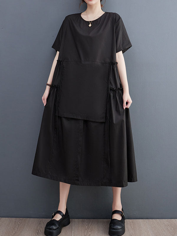 Solid Color Split-Joint Loose Short Sleeves Round-neck Midi Dresses