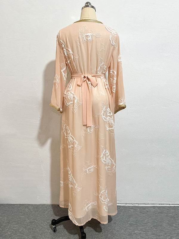 Vacation Loose Long Sleeves Embroidered Solid Color Round-Neck Dress