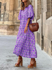 Bohemia Puff Sleeves Plaid V-Neck Dress