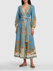 Flower Print Patchwork Bandage V-Neck Maxi Dresses