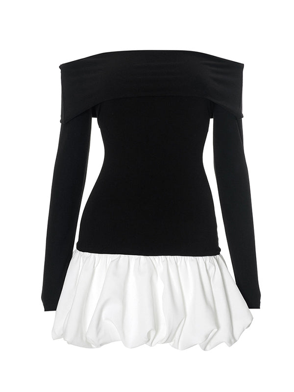 Contrast Color Pleated Split-Joint High Waisted Long Sleeves Off-The-Shoulder Mini Dresses