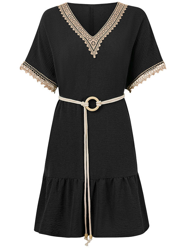 Belted Split-Joint Short Sleeves V-neck Mini Dresses