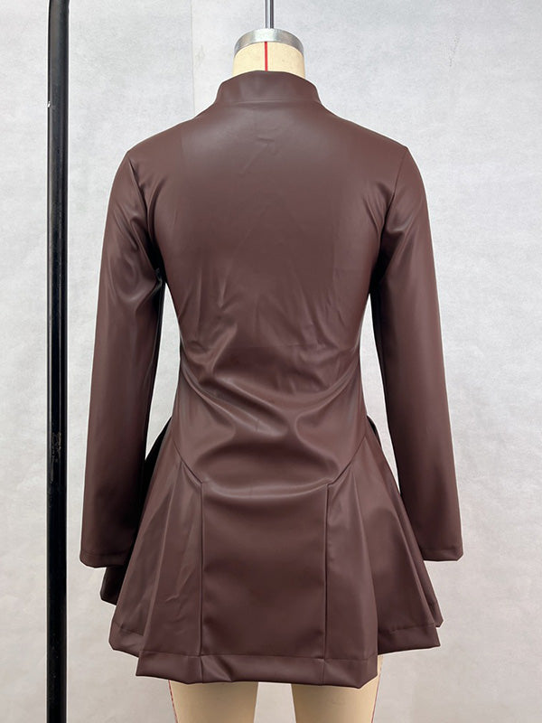 Pleated Split-Joint Zipper Long Sleeves Skinny Stand Collar Mini Dresses