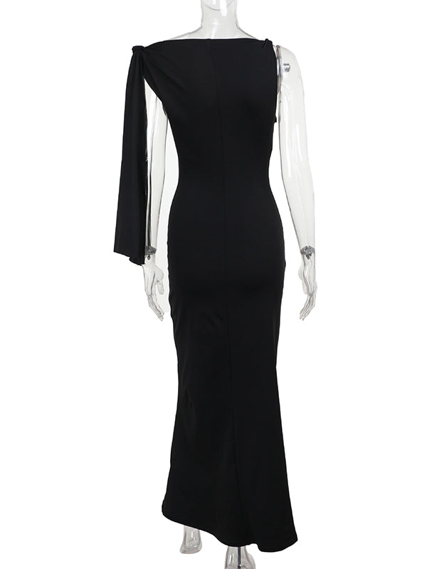Asymmetric Solid Color Split-Joint Streamer Skinny Sleeveless One-shoulder Maxi Dresses Evening Dresses