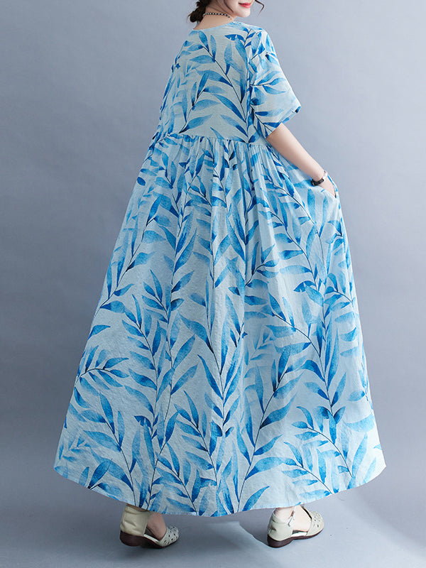 Leaf Pleated Printed Split-Joint Loose Short Sleeves Round-Neck Midi Dresses