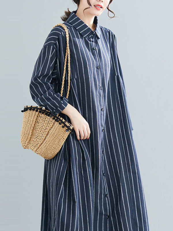 Simple Striped Buttoned Lapel Long Sleeves Shirt Dress