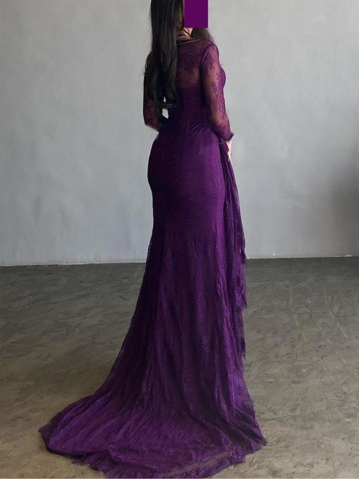 Mesh See-Through Split-side Long Sleeves Mermaid Square-neck Maxi Dresses Evening Dresses