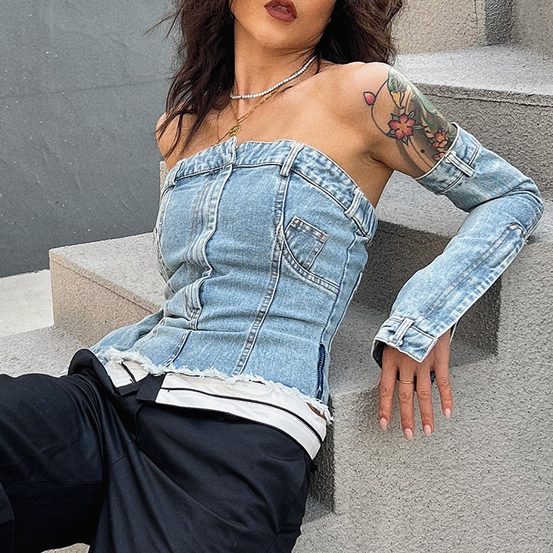 Denim Corset Top With Separate Long Sleeves