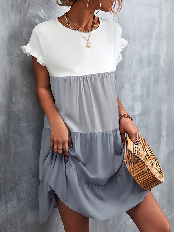 Contrast Color Falbala Pleated Split-Joint Loose Ruffle Sleeves Round-Neck Mini Dresses