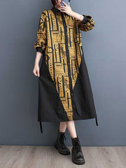 Asymmetric Contrast Color Printed Warp Knitting A-Line Long Sleeves Lapel Shirt Dress Midi Dresses