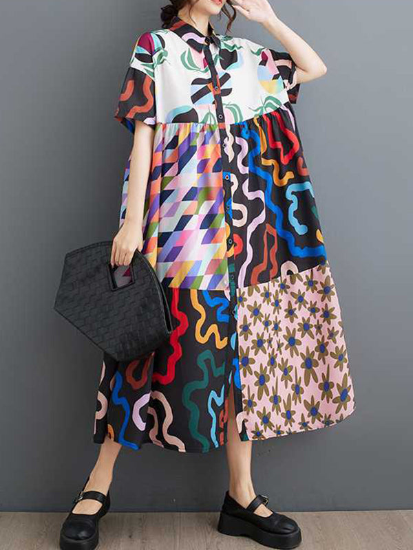 Buttoned Printed Split-Joint A-line Loose Lapel Shirt Dress Midi Dresses