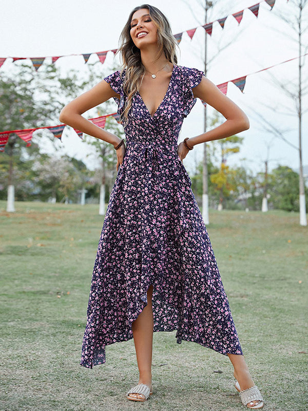 Vacation Irregularity Floral V-Neck Dress
